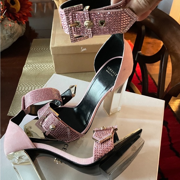 VERSACE pink crystal embellished plexi platform sandals - Picture 5 of 9